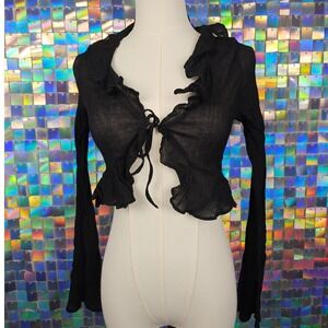 West of Melrose Tie Front Cardigan Womens Small Black Excellent Sheer Ruffle Y2K